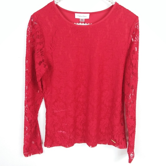 Calvin Klein Tops - Calvin Klein Red Lace Top Long Sleeve NWT -1